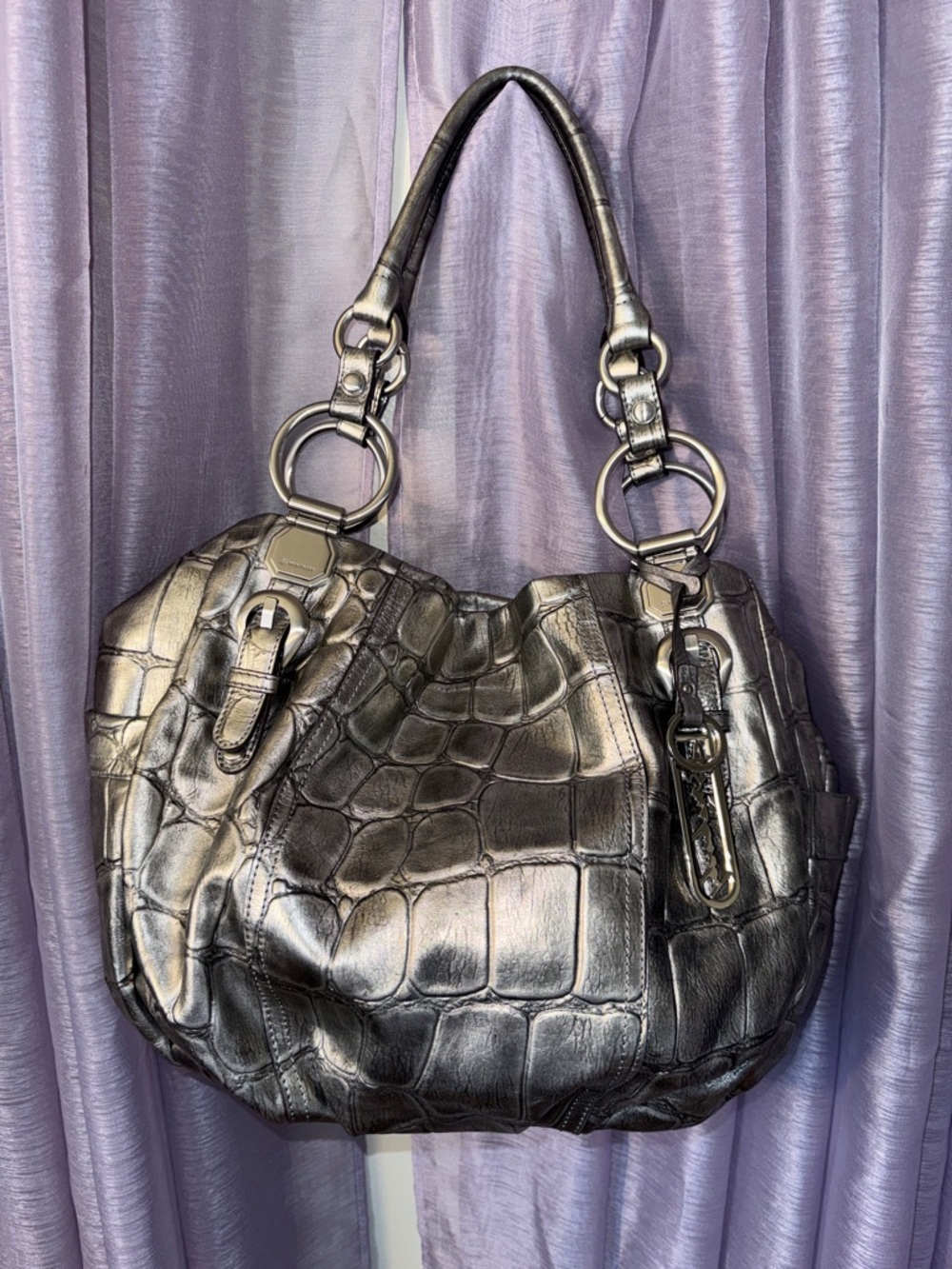 B. Makowsky, metallic silver croc-embossed hobo